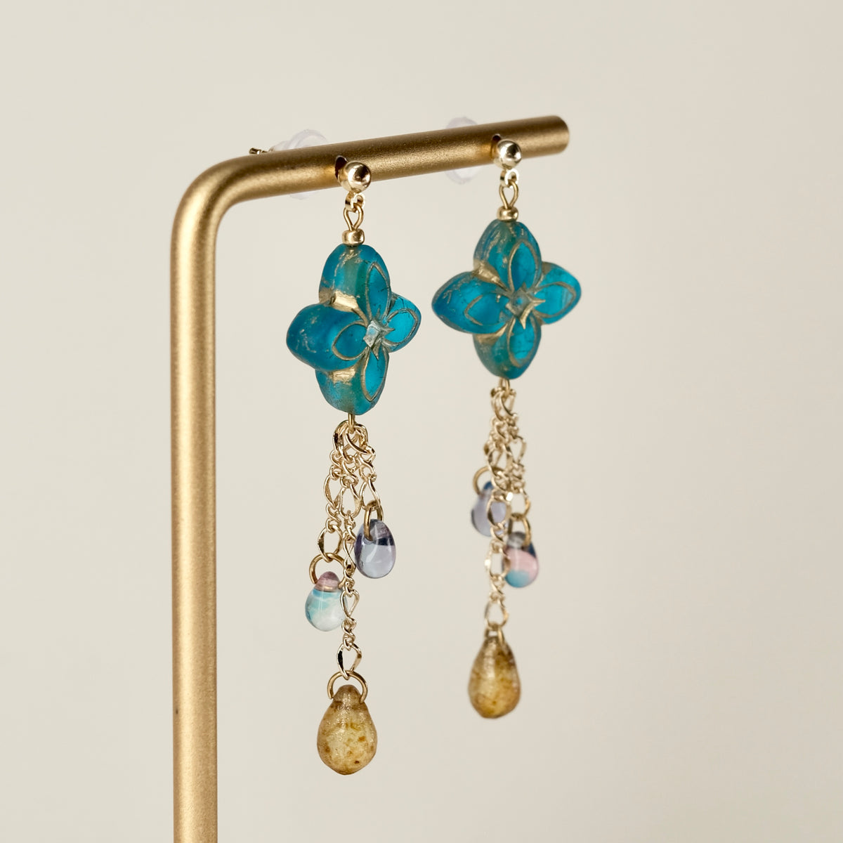Blue Czech glass clover earrings