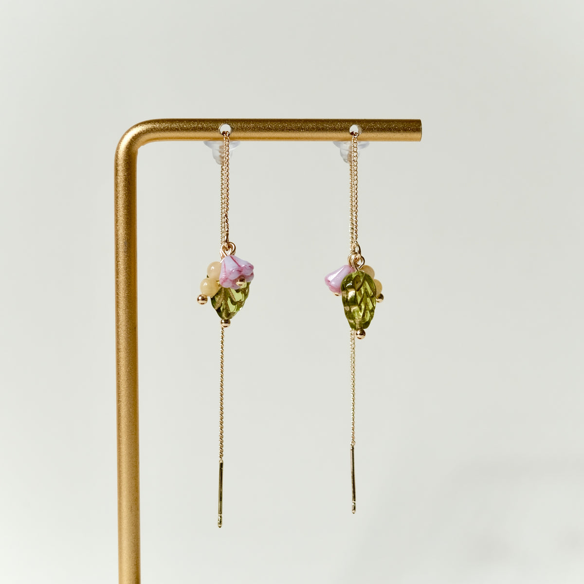 Pink flower and leaf threader earrings
