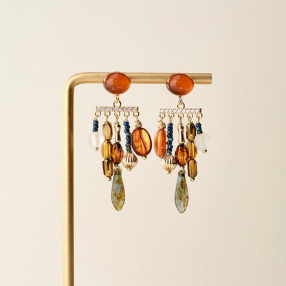 Brown-red Czech glass multi-charm earrings