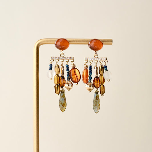 Brown-red Czech glass multi-charm earrings
