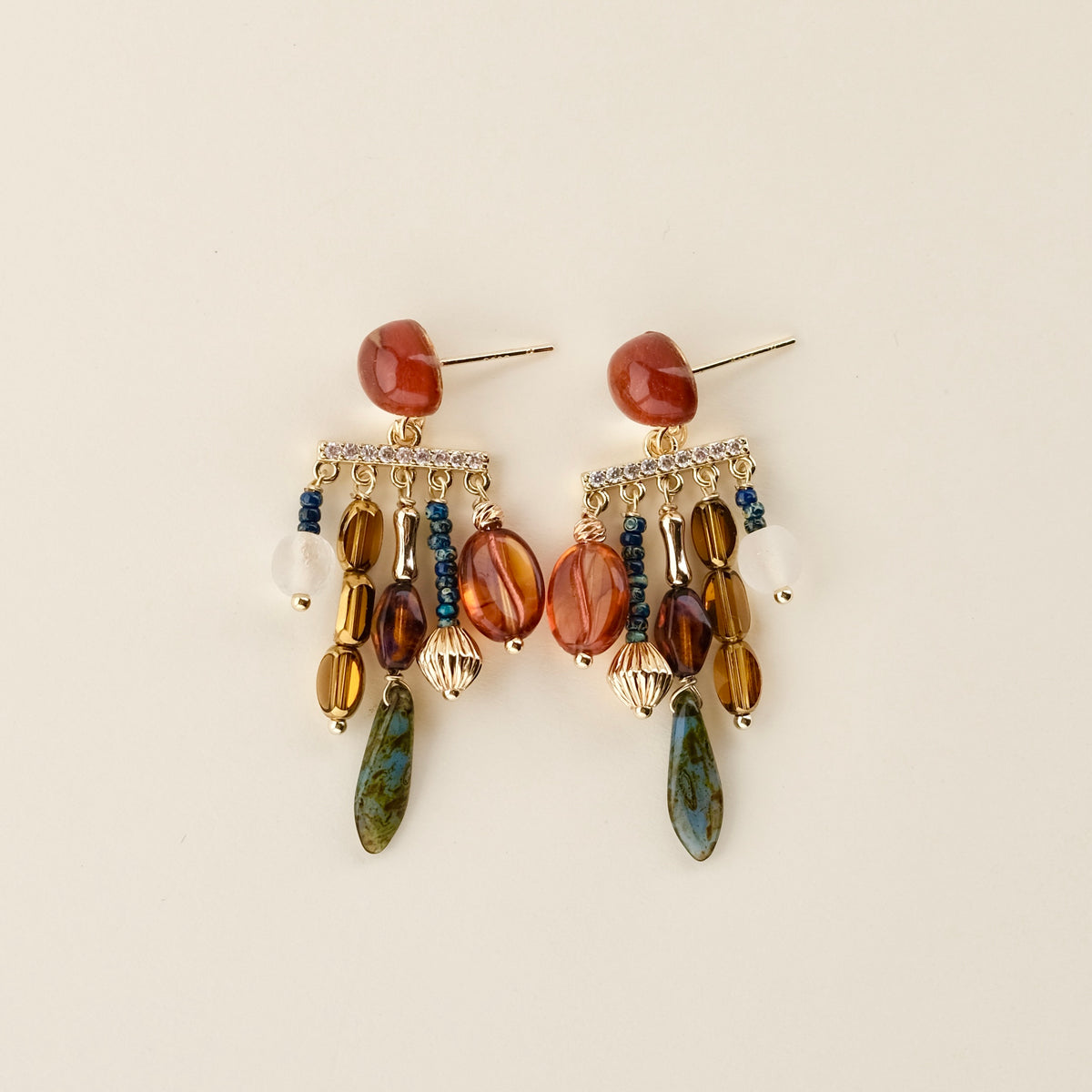 Brown-red Czech glass multi-charm earrings