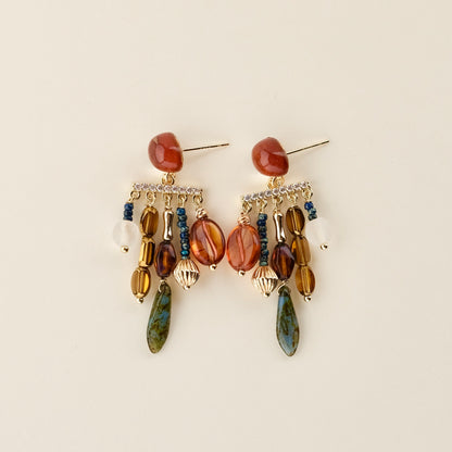 Brown-red Czech glass multi-charm earrings