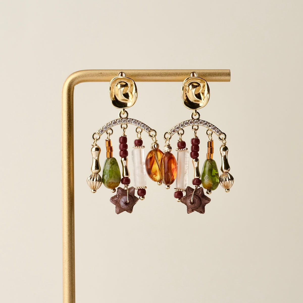 Multi charm brown and green arc stud earrings