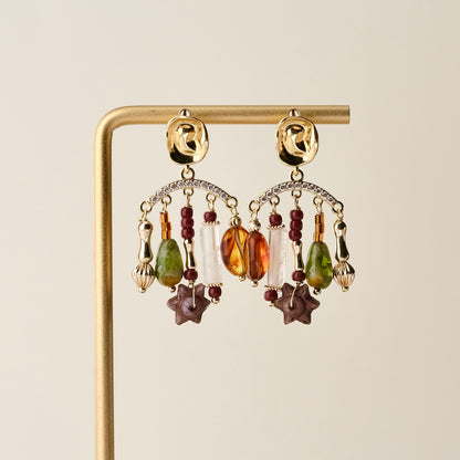 Multi charm brown and green arc stud earrings