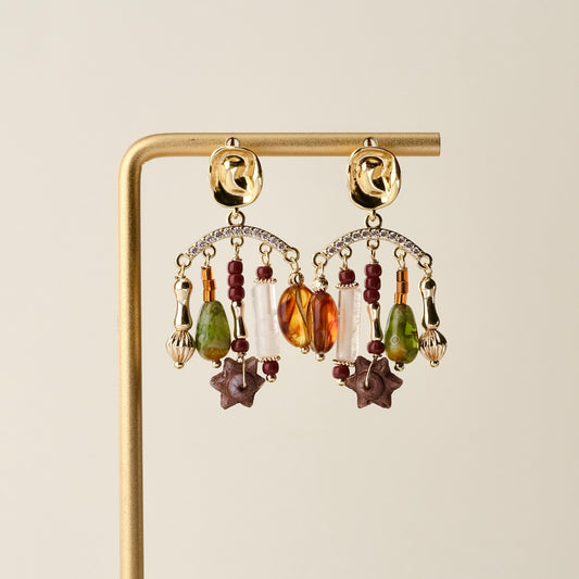 Multi charm brown and green arc stud earrings