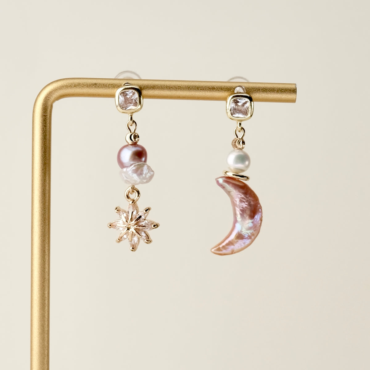 Star and moon freshwater pearl earrings