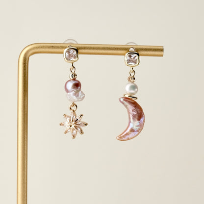 Star and moon freshwater pearl earrings