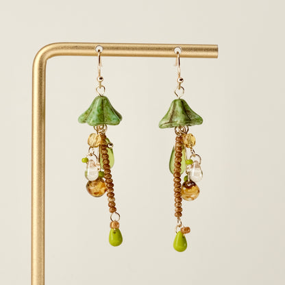 Green Czech glass mushroom earrings