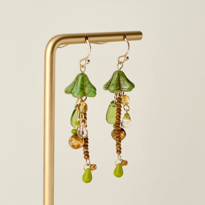 Green Czech glass mushroom earrings