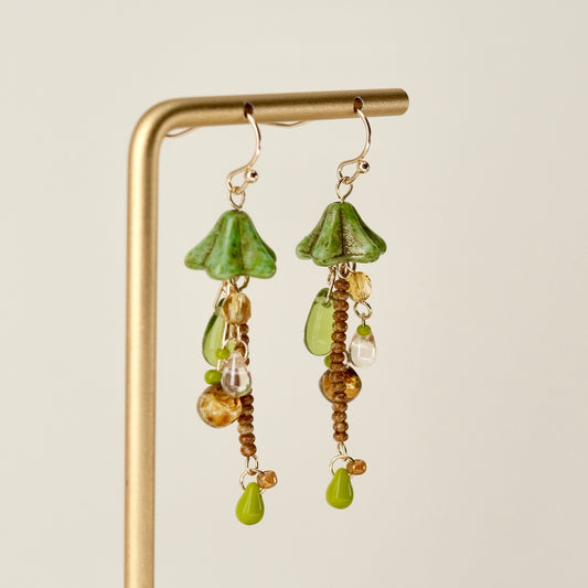 Green Czech glass mushroom earrings