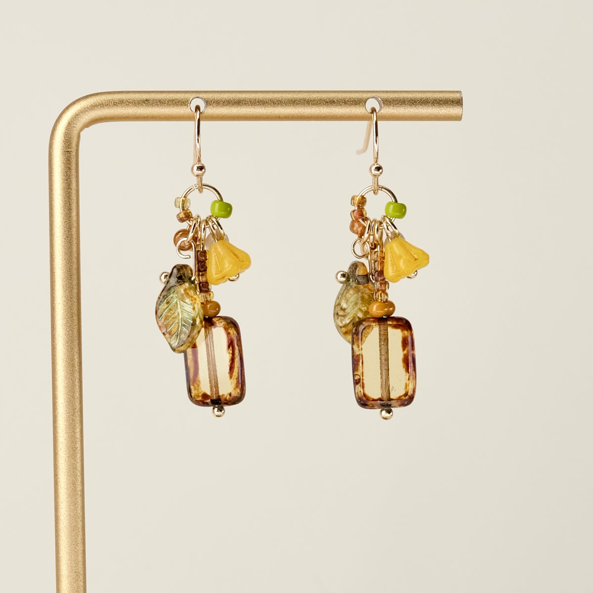 Yellow-green Czech glass square earrings