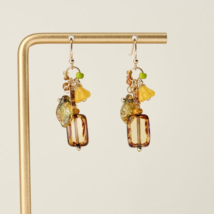 Yellow-green Czech glass square earrings