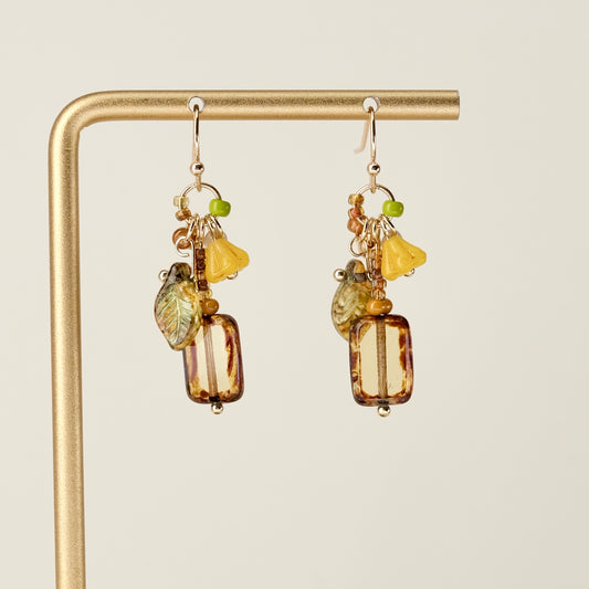 Yellow-green Czech glass square earrings