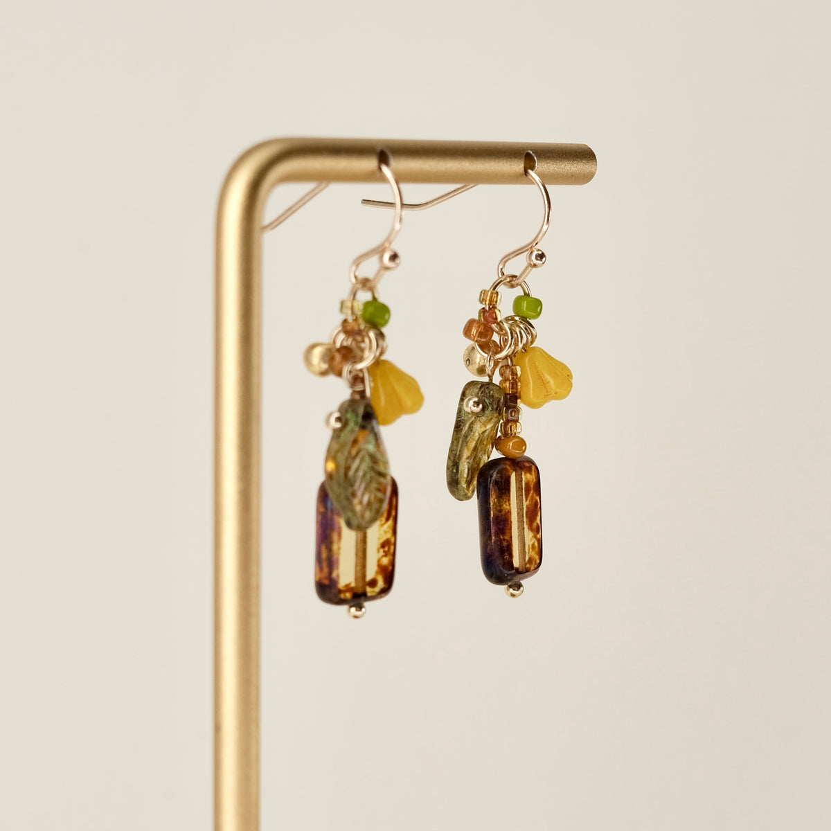 Yellow-green Czech glass square earrings