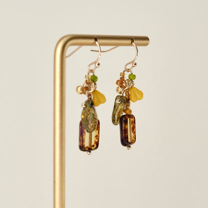 Yellow-green Czech glass square earrings
