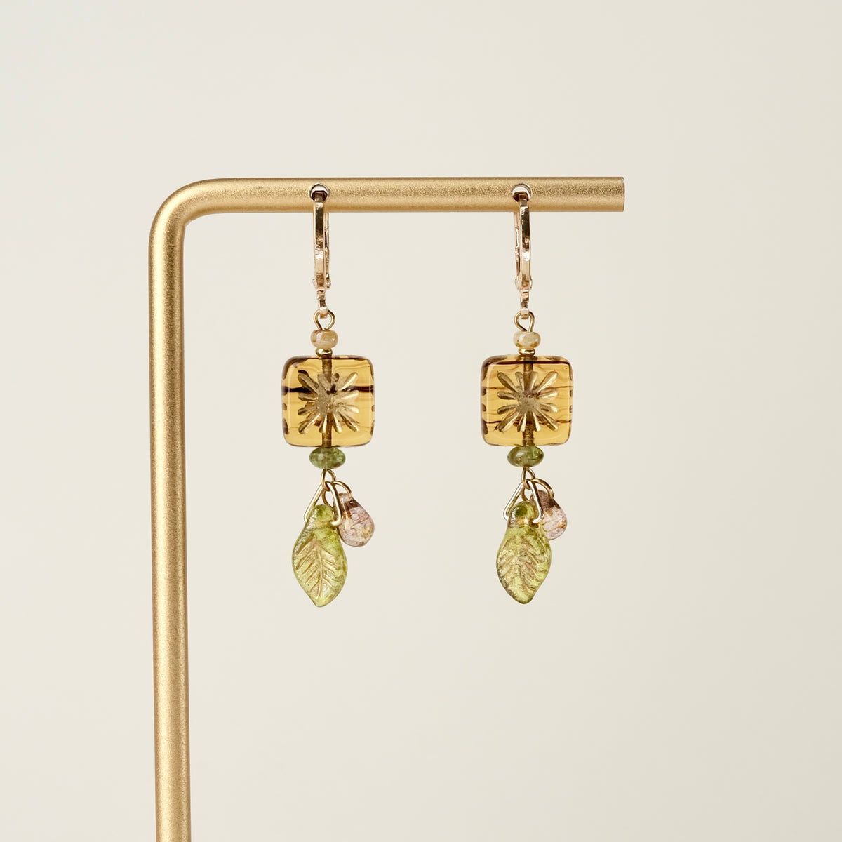 Brown square and green leaf Czech glass earrings