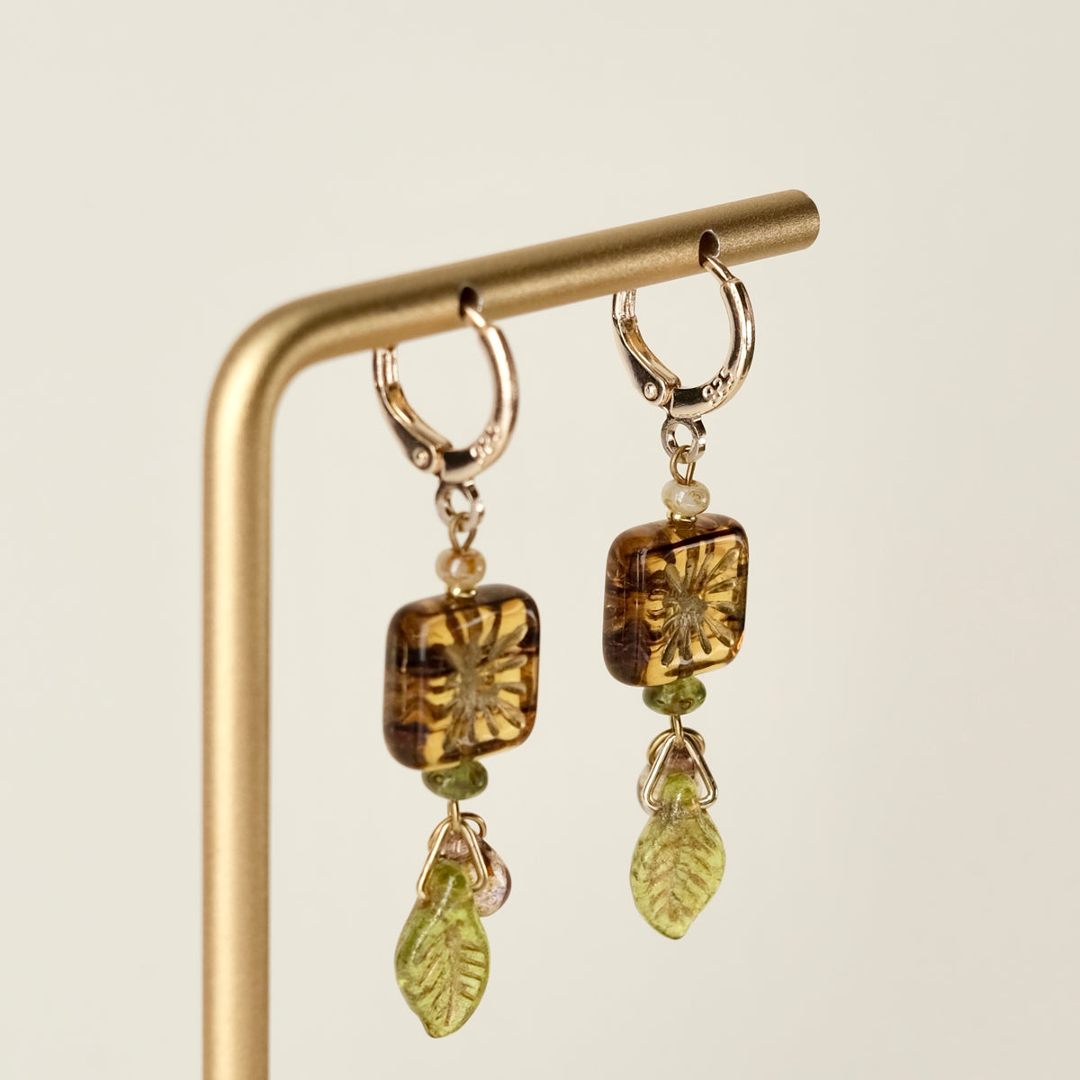 Brown square and green leaf Czech glass earrings