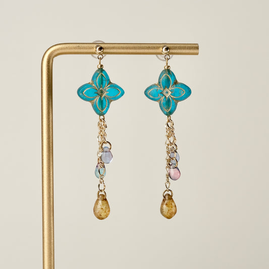 Blue Czech glass clover earrings