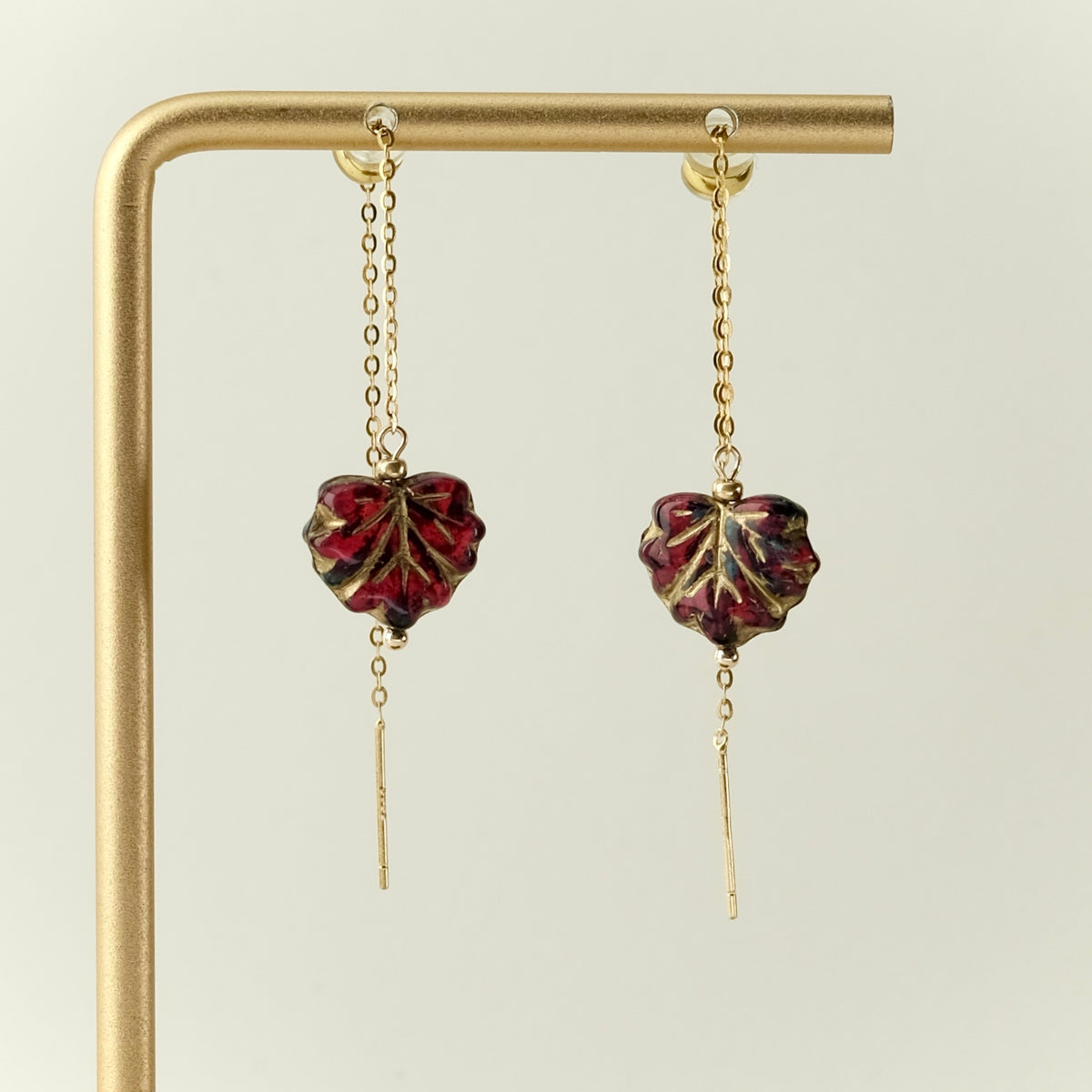Red maple leaf threader earrings