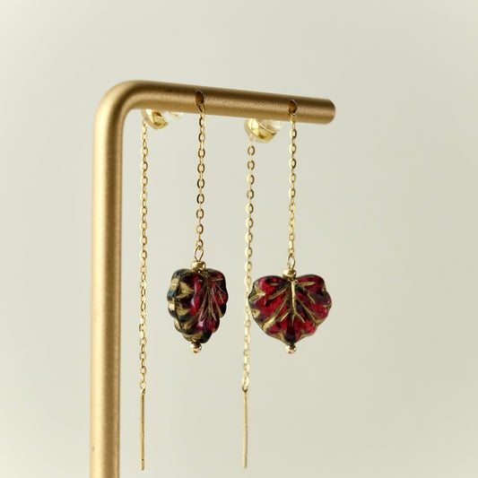 Red maple leaf threader earrings