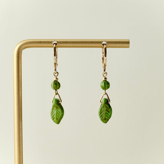 Mini green leaf Czech glass earrings