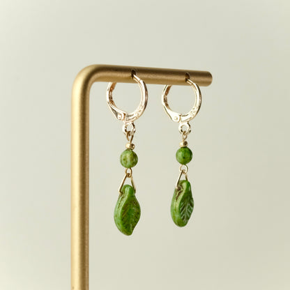 Mini green leaf Czech glass earrings
