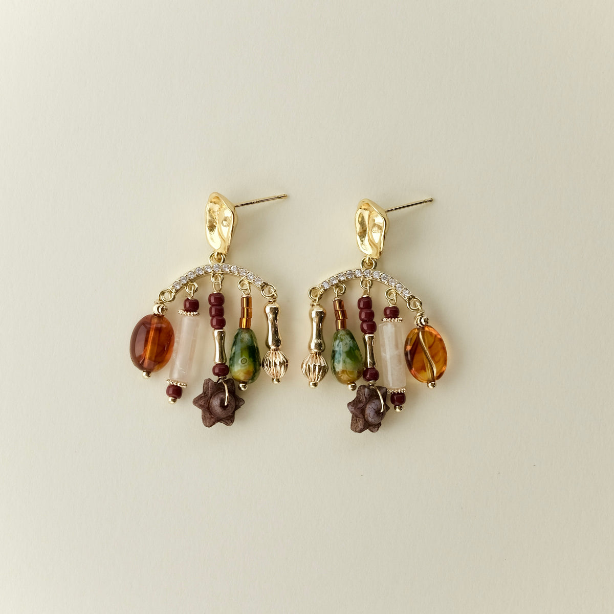 Multi charm brown and green arc stud earrings