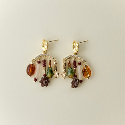 Multi charm brown and green arc stud earrings