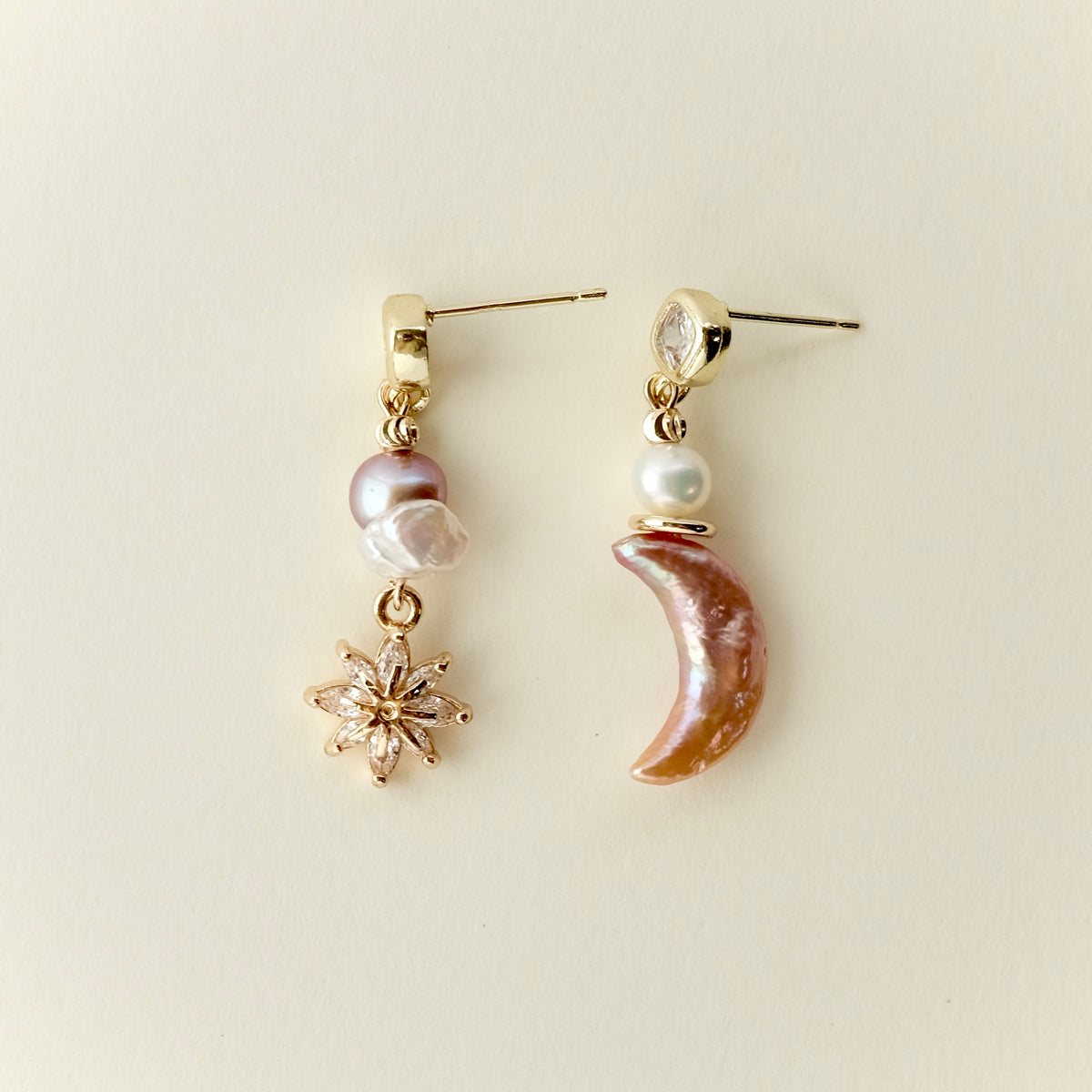 Star and moon freshwater pearl earrings