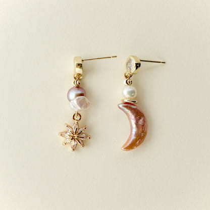 Star and moon freshwater pearl earrings
