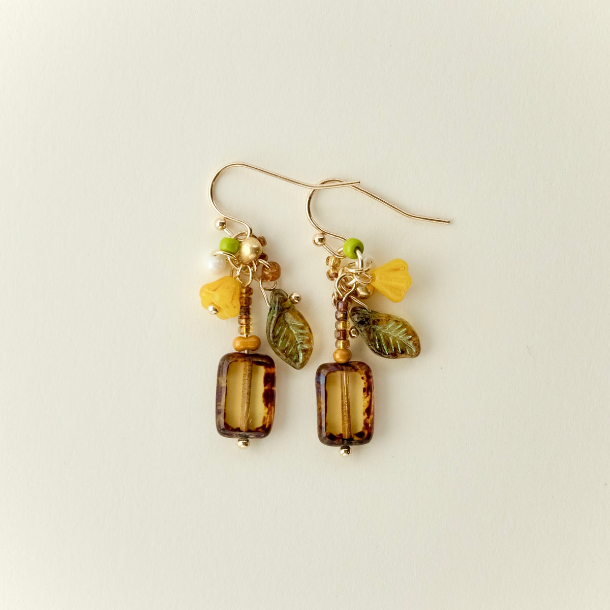 Yellow-green Czech glass square earrings