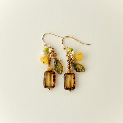 Yellow-green Czech glass square earrings
