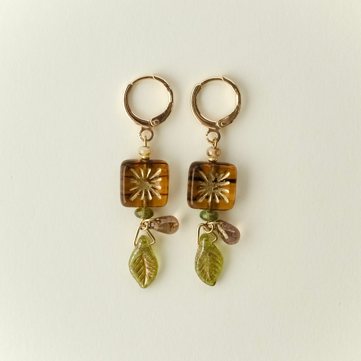 Brown square and green leaf Czech glass earrings
