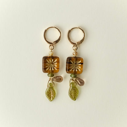Brown square and green leaf Czech glass earrings