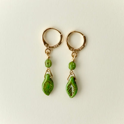 Mini green leaf Czech glass earrings