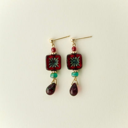 Red square Czech glass earrings with blue-green accents