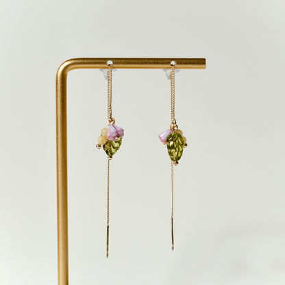 Pink flower and leaf threader earrings
