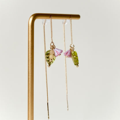 Pink flower and leaf threader earrings