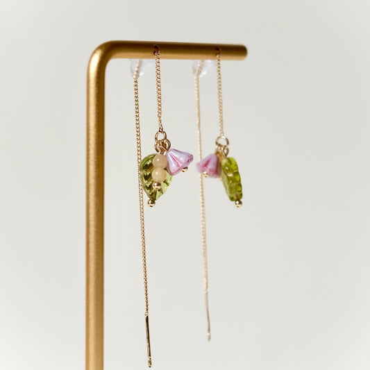 Pink flower and leaf threader earrings