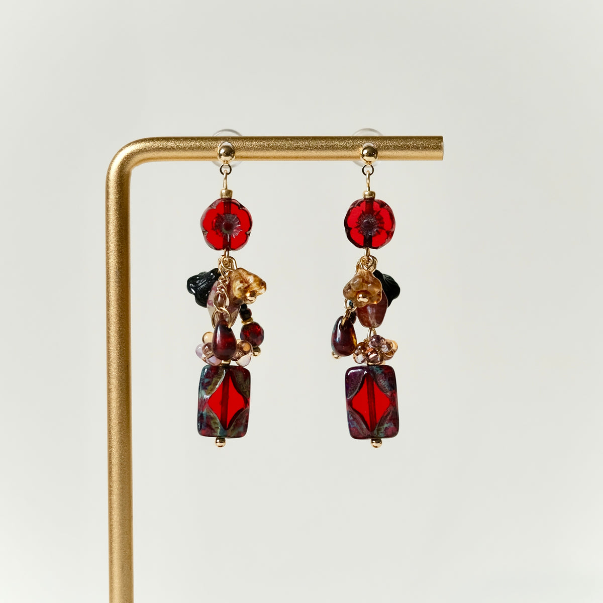 Crimson flower and window Czech glass earrings