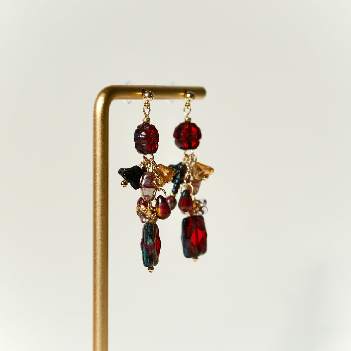 Crimson flower and window Czech glass earrings