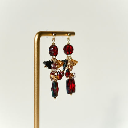 Crimson flower and window Czech glass earrings