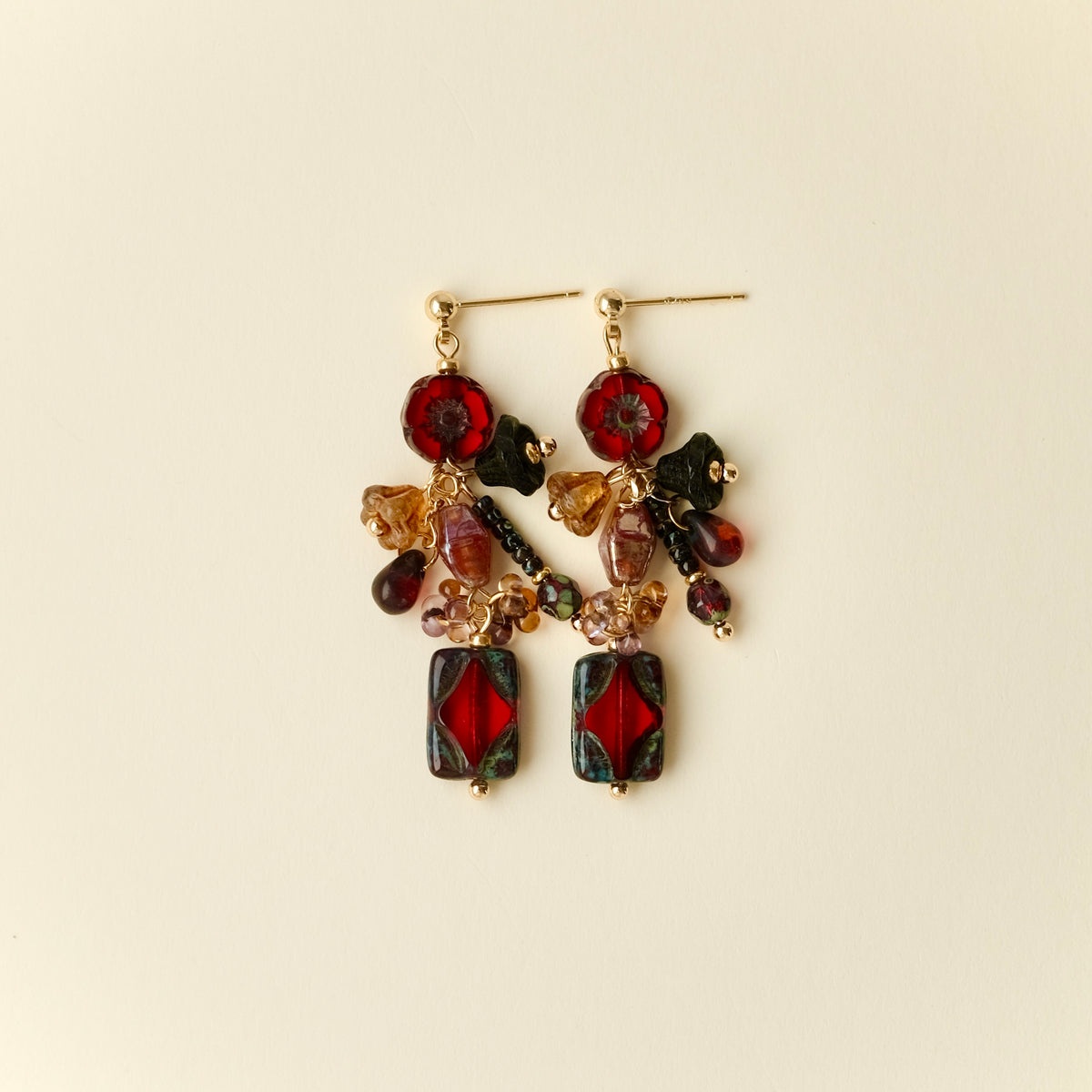 Crimson flower and window Czech glass earrings