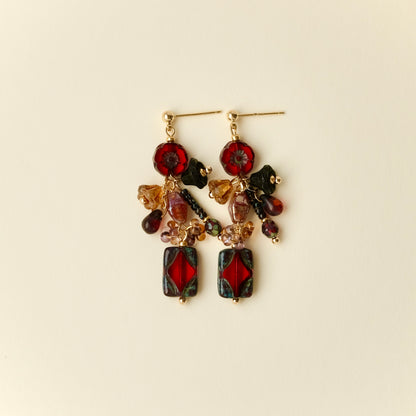 Crimson flower and window Czech glass earrings