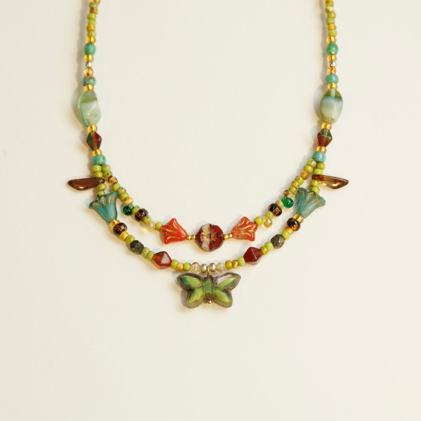 Handmade Green Butterfly Czech Glass Beaded Necklace