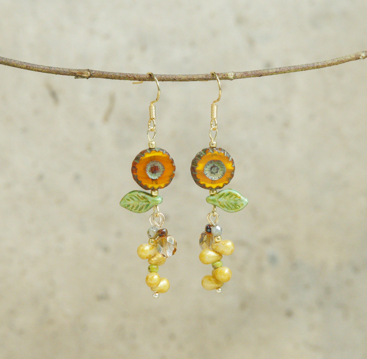 Handmade Sunflower Czech Glass Bead Earrings