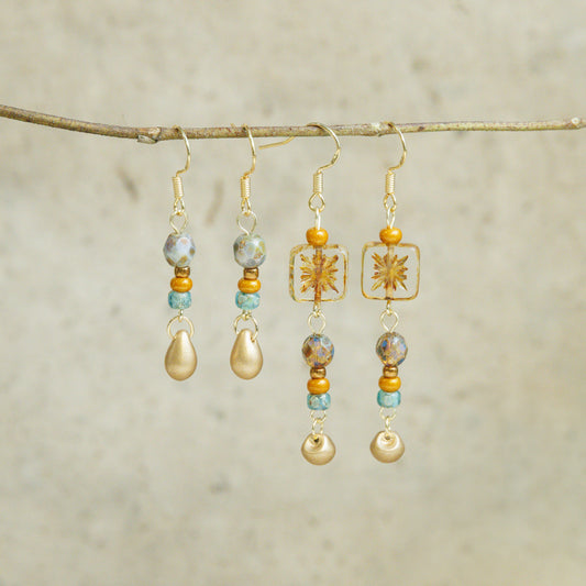 Handmade Golden Czech Glass Bead Earrings