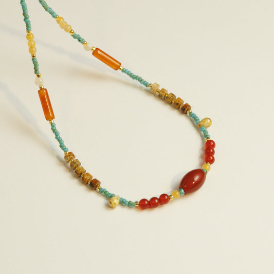 Handmade Red Agate Yellow Jade Necklace