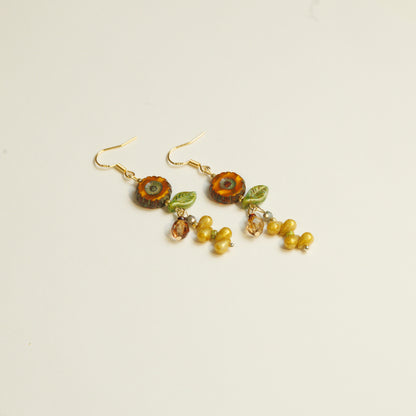 Handmade Sunflower Czech Glass Bead Earrings