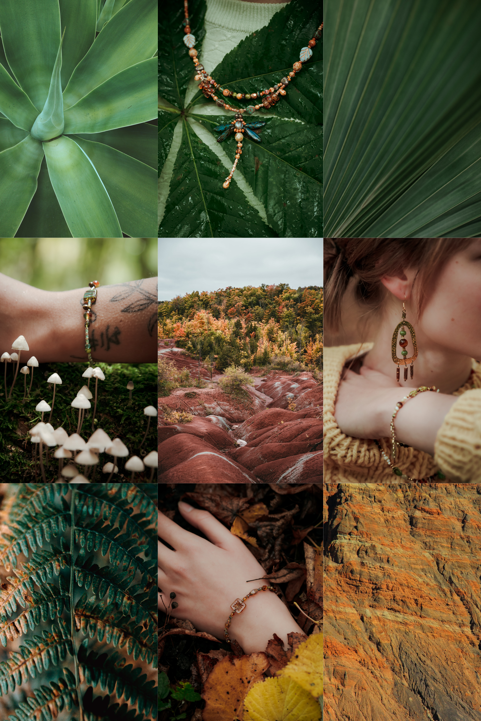 een collage met kralen sieraden die in de natuur